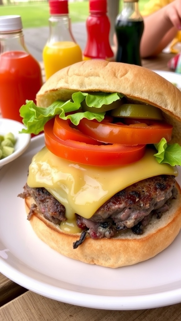 Classic Beef Hamburger Recipe A juicy beef hamburger with cheese, lettuce, and tomato on a toasted bun, served outdoors.